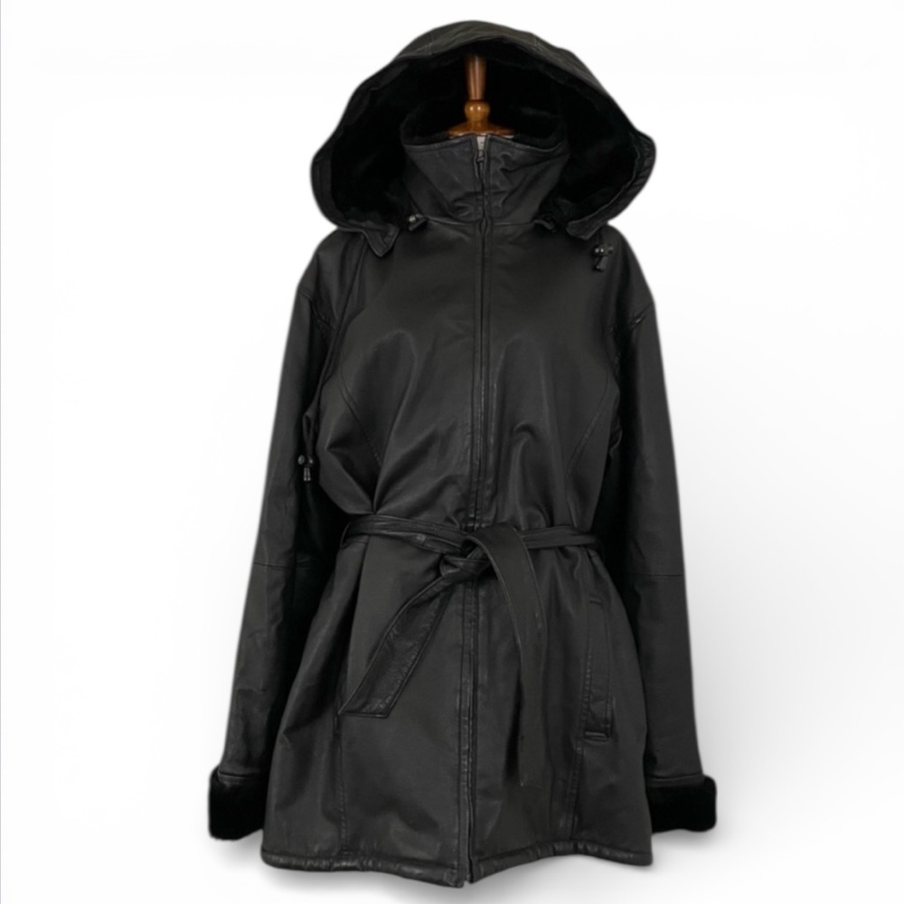 Vintage Black Leather Coat Women's Lโ Faux Fur Hooded Front Zip Moto Glam